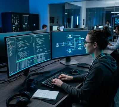 Ingeniero de software trabajando con código y sistemas complejos en monitores